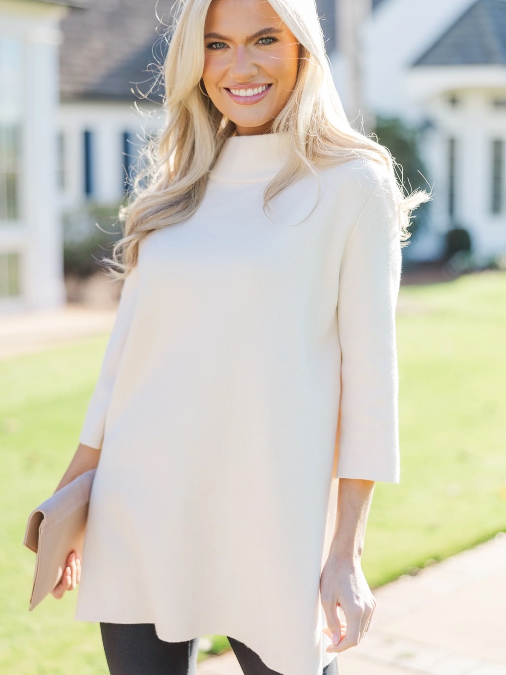 Elegant Cream Mock-Neck Tunic Top